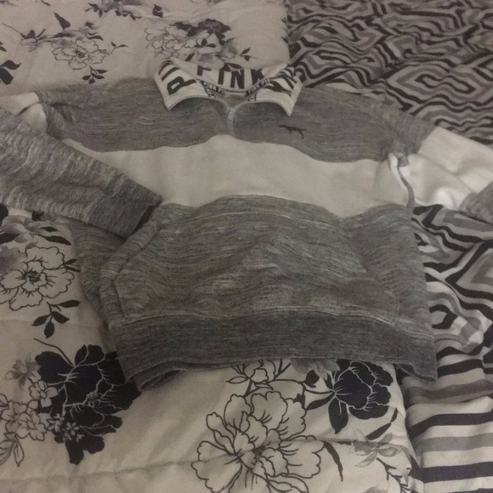 ISO VS Pink Gray Striped Sweatshirt Quarter Zip
